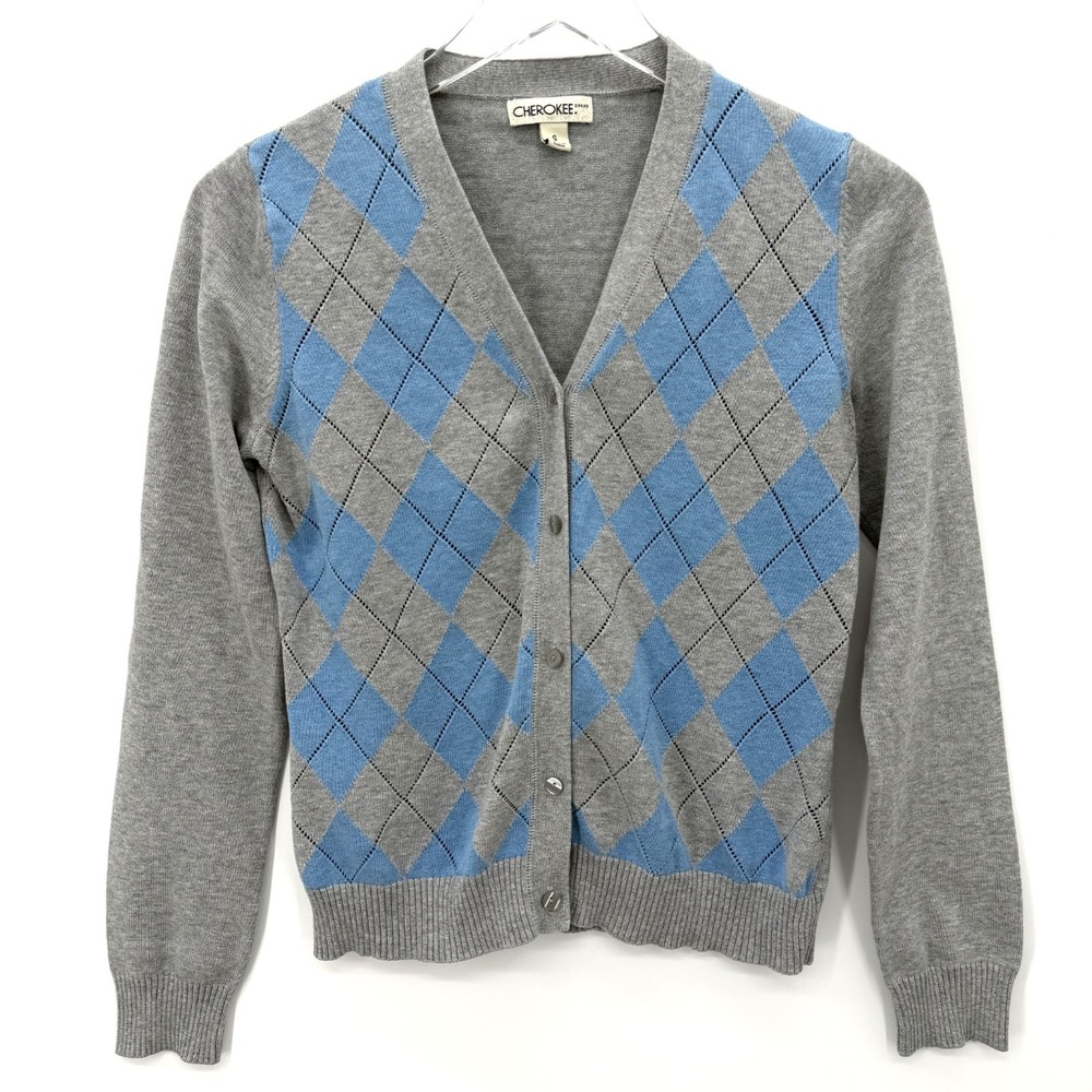 Y2K Cherokee Argyle Cardigan Sweater Size S Button Up Preppy Academia‎ Blue Gray
